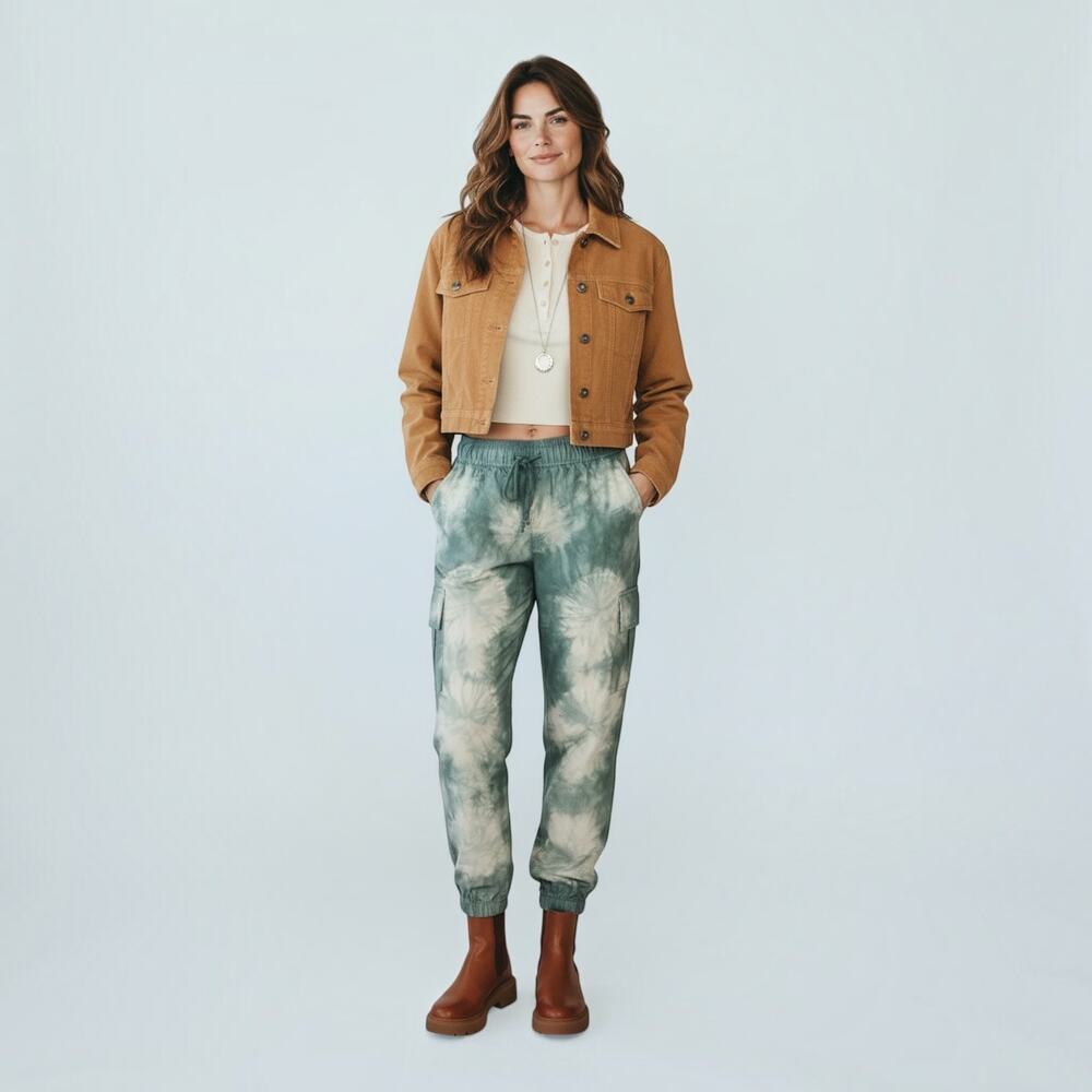 Promesa Green White Tie Dye Cargo Jogger Pants Drawstring Utility Small